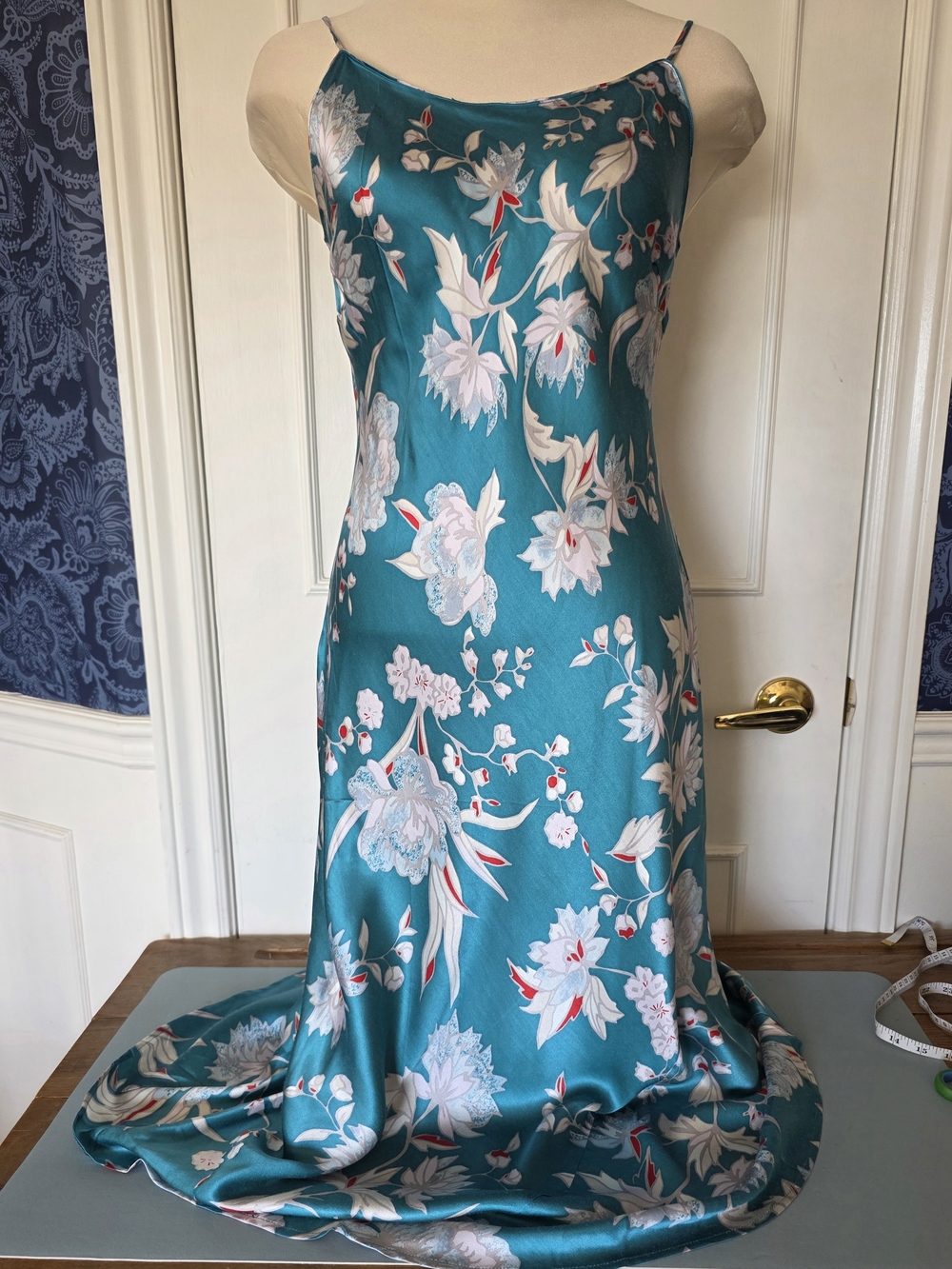 WinterSilks Silk Bamboo Floral Slip Dress Midi Teal Teal Green M Boho Y2K